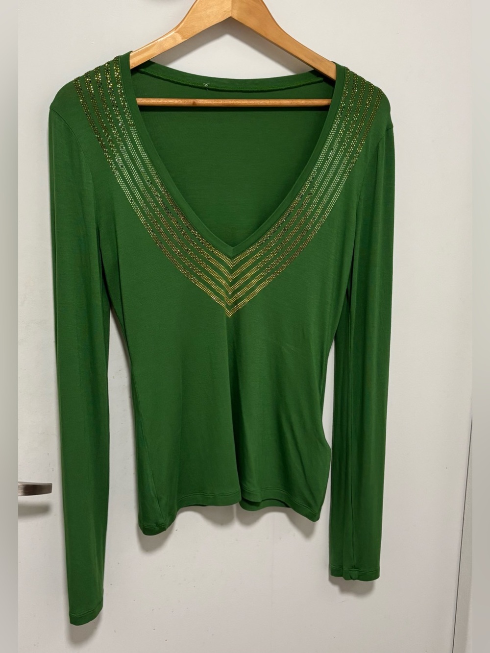 Versace Emerald Green Long-Sleeve V-Neck Top with Gold Trim
